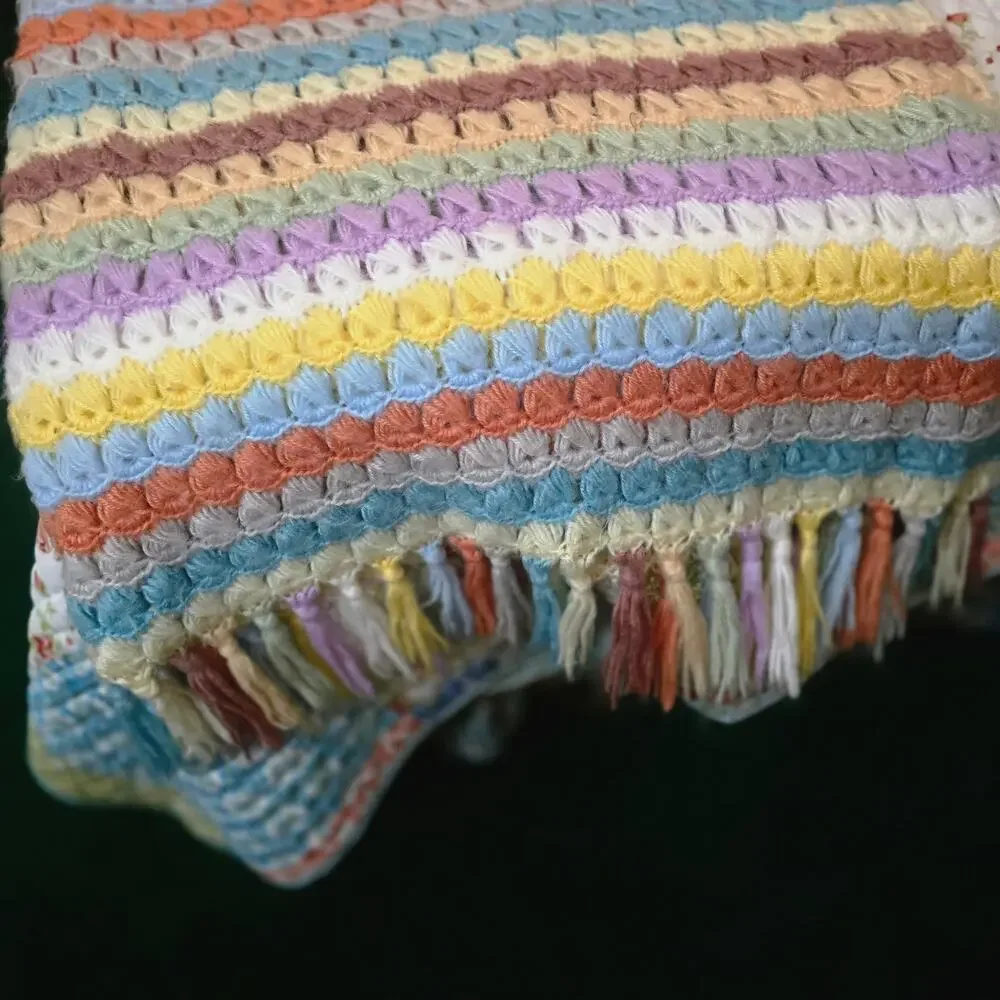 Handmade Rainbow Crochet Afghan Throw Blanket With Fringe Pastel Cottagecore